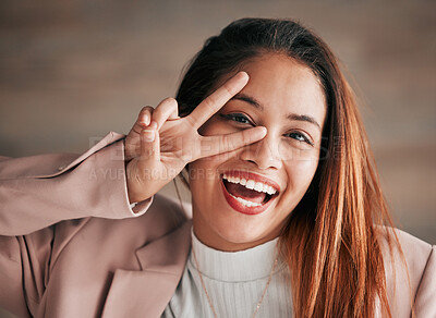 Buy stock photo Portrait, smile and woman with peace sign, excited and happiness with joy, carefree and cheerful. Face, female and happy lady with hand gesture, facial expression and emoji with v symbol and review
