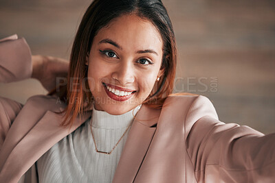 Buy stock photo Selfie, business and woman with confidence, employee and happiness for growth, skills and social media. Portrait, female agent or entrepreneur with profile picture, memory and motivation with startup