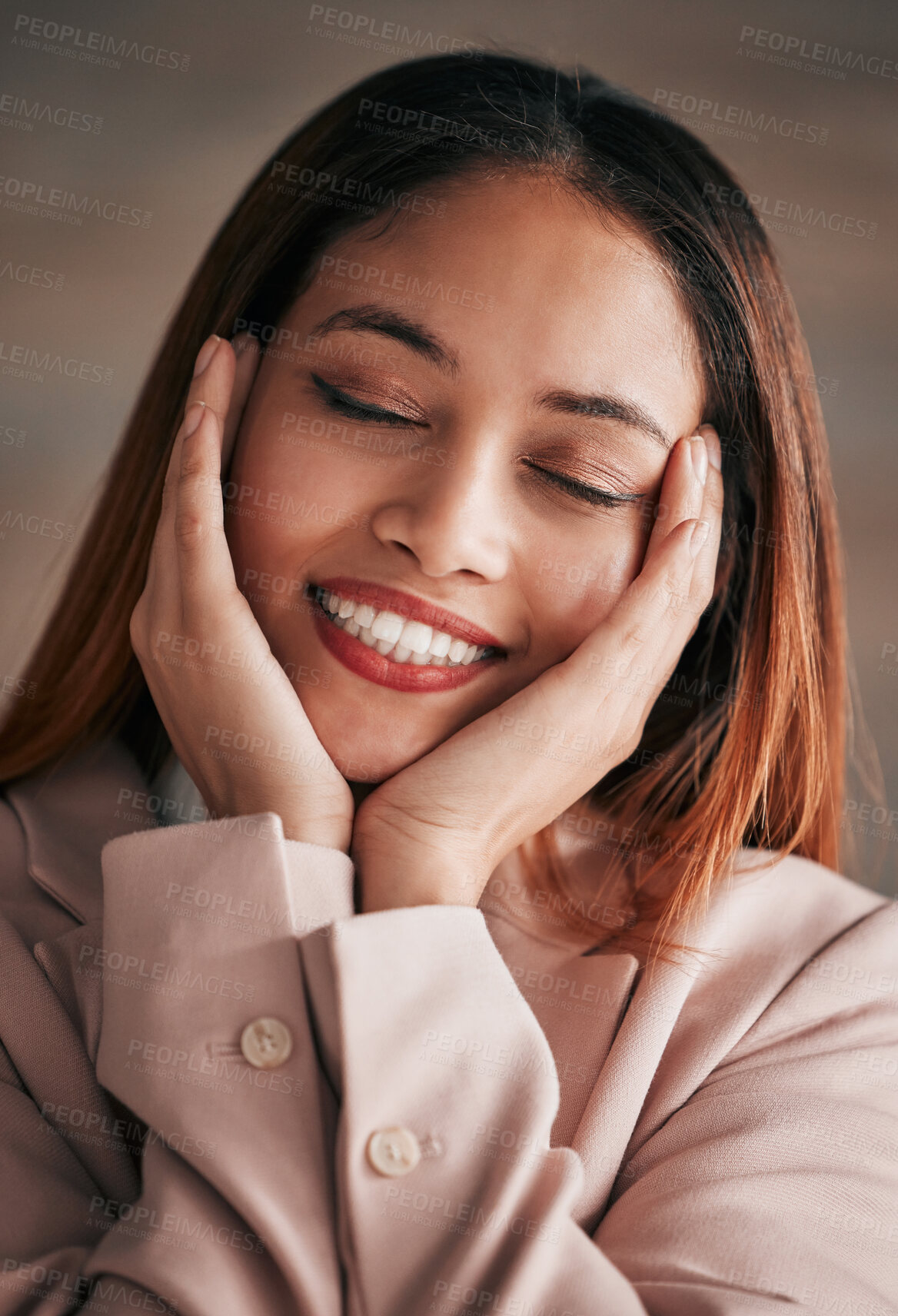 Buy stock photo Happy, content and woman with self love at work isolated on a studio background. Success, smile and face of a corporate employee excited about business, professional career and happiness in office