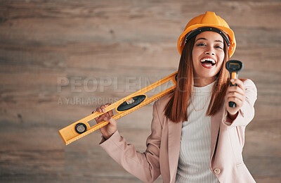 Buy stock photo Engineer laugh, business woman and portrait of a property management worker with construction tools. Mockup, stud detector and engineering gear for a home renovation project with a happy employee