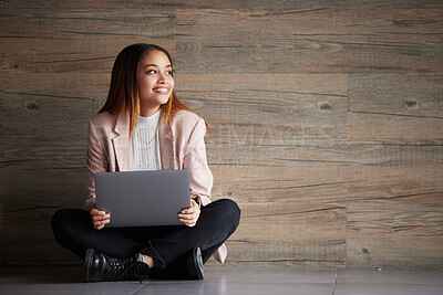 Buy stock photo Woman, thinking and laptop with space for idea for advertising or product placement mockup. Smile of female on wooden background for internet connection for search, inspiration or student scholarship