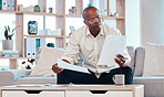 Man reading paperwork in living room home for planning, budget report and investment contract. Black male, notes and remote work in lounge of tax documents, financial savings or insurance information