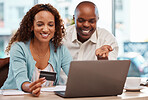 Laptop, credit card and couple online shopping in home, payment or digital banking. Ecommerce, computer and happy black man and mature woman with fintech, sales or interracial purchase on web store.