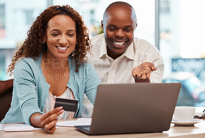 Buy stock photo Laptop, credit card and couple online shopping in home, payment or digital banking. Ecommerce, computer and happy black man and mature woman with fintech, sales or interracial purchase on web store.