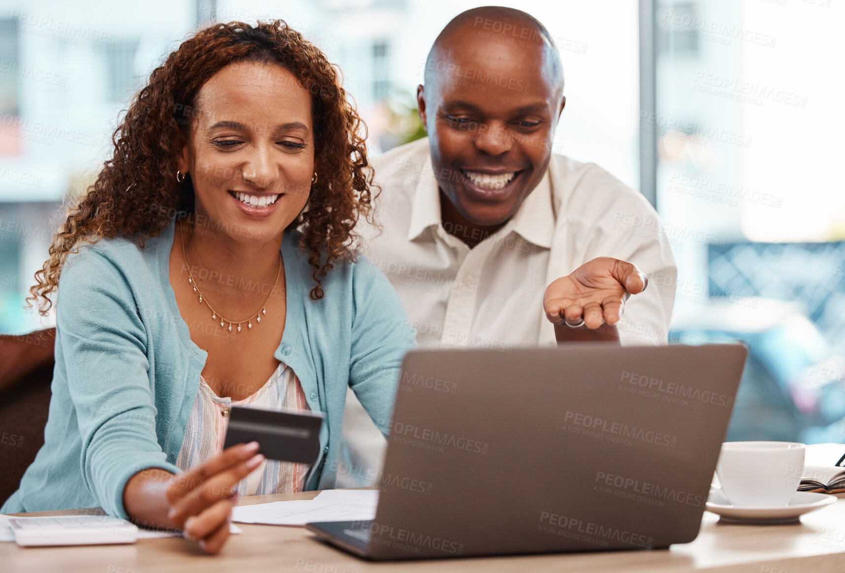 Buy stock photo Laptop, credit card and couple online shopping in home, payment or digital banking. Ecommerce, computer and happy black man and mature woman with fintech, sales or interracial purchase on web store.