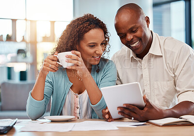 Buy stock photo Happy couple, tablet and planning for finance, budget or application for loan on fintech app in home. Black man, woman or reading on touchscreen ux with smile, financial goals and investment profit