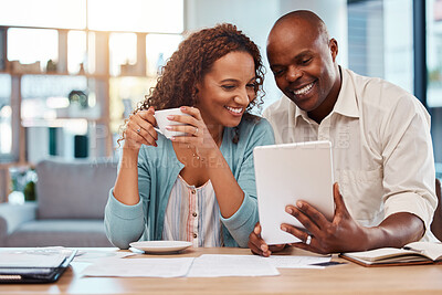 Buy stock photo Couple, tablet and planning for finance, budget or application for loan on fintech app in home. Happy black man, woman or reading on touchscreen ux with smile, financial goals and investment growth