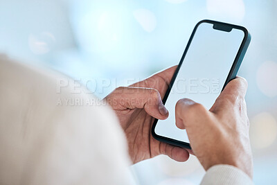 Buy stock photo Businessman, hands and phone with mockup screen for social media, advertising or marketing at office. Hand of man typing on mobile smartphone app display for communication or networking on copy space