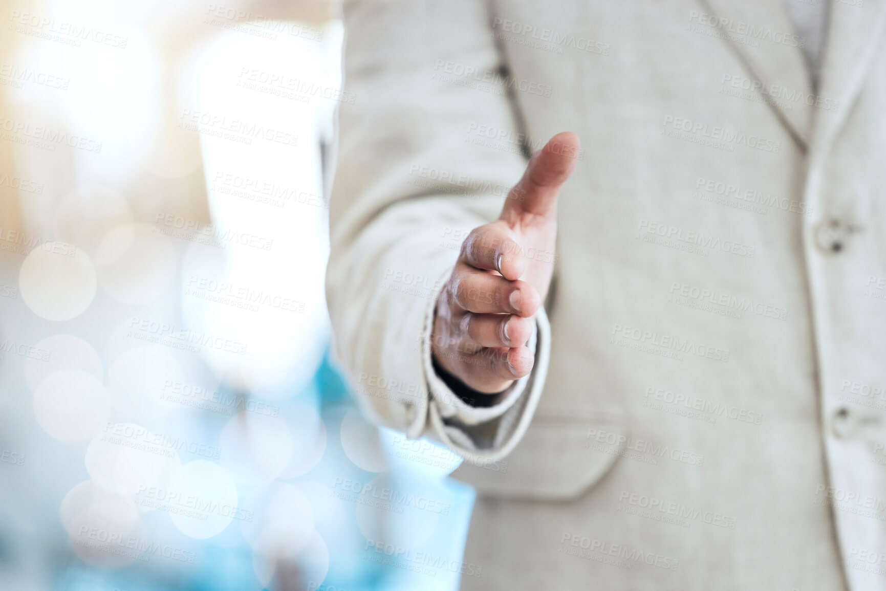 Buy stock photo Businessman, handshake and meeting, greeting or introduction for recruitment, hiring or partnership. Closeup of man recruiter shaking hands or sign for deal agreement, b2b or collaboration on mockup