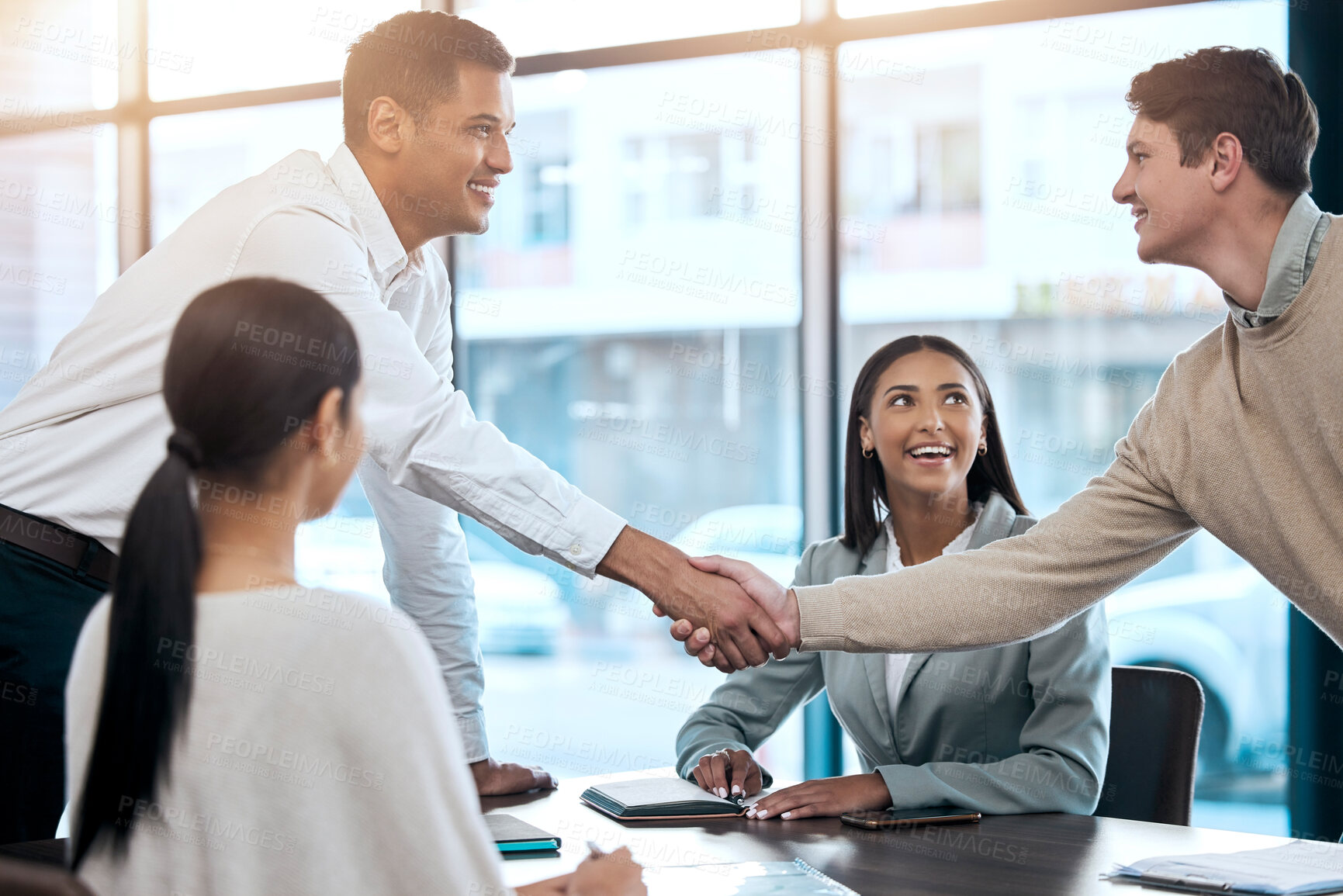 Buy stock photo Business people, handshake and meeting for b2b partnership, deal or agreement in corporate recruitment at office. Businessmen shaking hands in teamwork collaboration, hiring or promotion at workplace