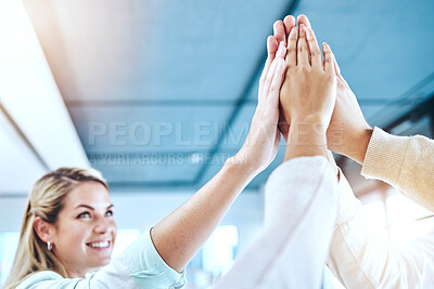 Buy stock photo Business people, high five and team collaboration for agreement, community or trust in unity at office. Group touching hands together in teamwork for corporate goals, celebration or support at work