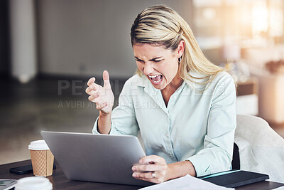 Woman, laptop and error with shout in office for anger, frustrated and problem with website ui. Businesswoman, computer and screaming with angry face, stress and 404 glitch on internet in workplace