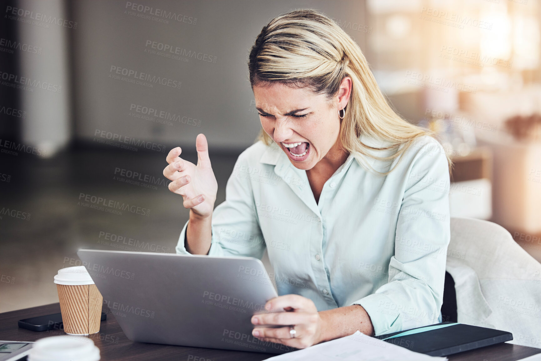 Buy stock photo Woman, laptop and error with shout in office for anger, frustrated and problem with website ui. Businesswoman, computer and screaming with angry face, stress and 404 glitch on internet in workplace