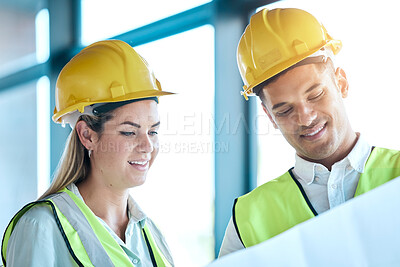 Buy stock photo Architect, team and planning with blueprint for construction or architecture with smile for on site project. Man and woman contractors in building floor plan or teamwork strategy with safety helmets