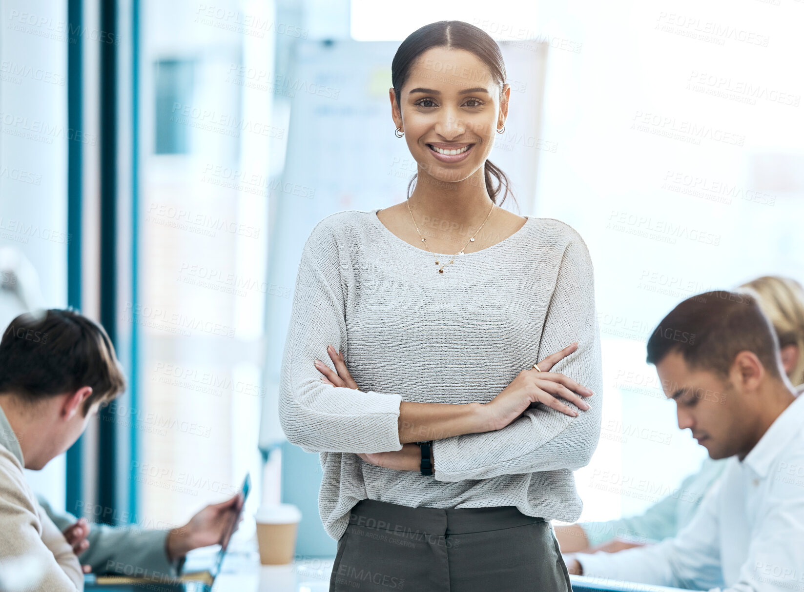 Buy stock photo Business woman, meeting and portrait in leadership, management or teamwork planning at office. Happy corporate leader or manager smile with arms crossed in confidence for team leading at workplace