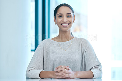 Buy stock photo Happy, corporate and portrait of a woman at a table for a meeting, interview or management. Smile, executive and an employee sitting at a desk for administration, secretary work and human resources