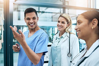 Buy stock photo Doctor, team and coaching in healthcare planning, meeting or brainstorming on glass board at hospital. Group of medical professionals in teamwork, strategy or sharing ideas in presentation at clinic