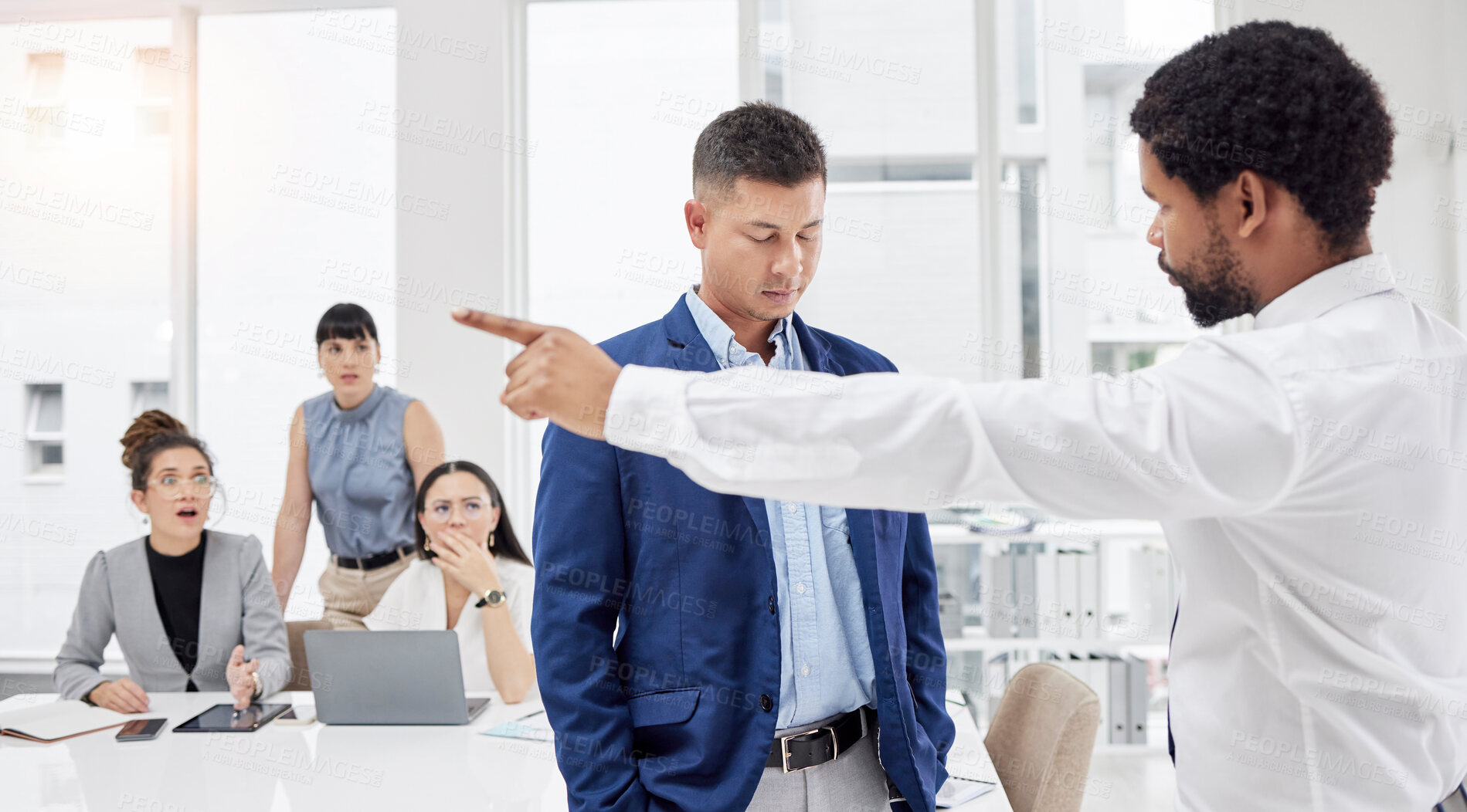 Buy stock photo Fired, fight and angry boss is frustrated with employee and upset manager pointing out embarrassing colleague. Gesture, corporate and black man shouting at worker in an office or boardroom 