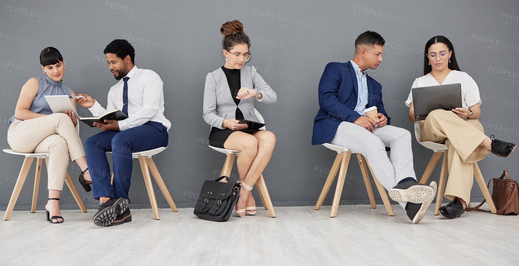 Buy stock photo Talking, waiting and business people with tech in office, checking the time and planning. Meeting, team and corporate employees busy getting ready for an interview, networking and helping with work