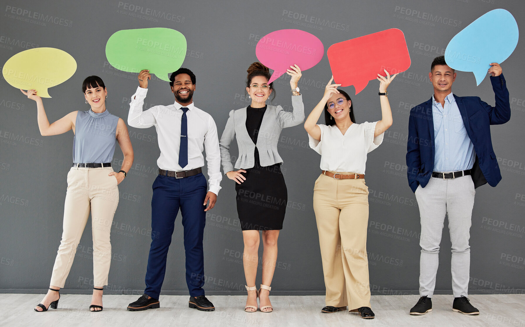 Buy stock photo Speech bubble, collaboration and portrait with business people in studio on a gray background for communication. Social media, teamwork and diversity with a group of happy colleagues showing mockup