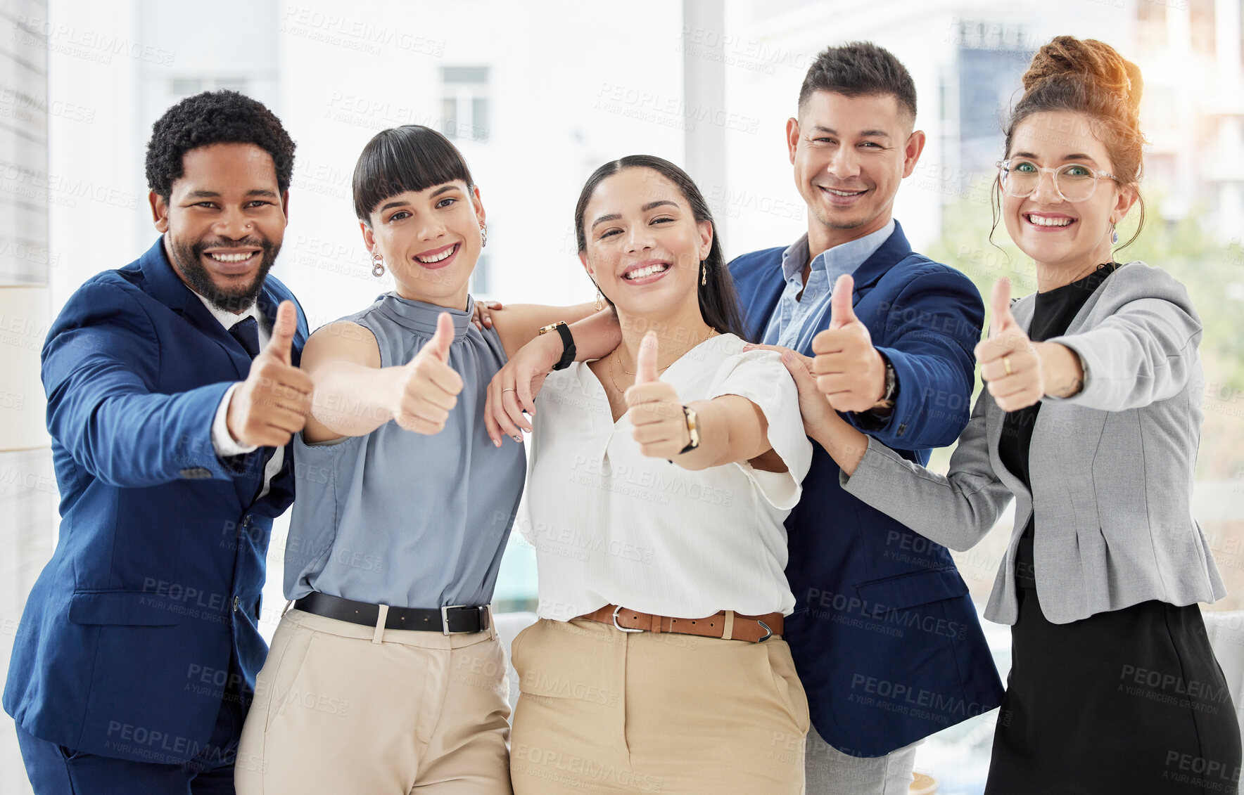 Buy stock photo Business people, portrait and thumbs up for winning, good job or team success together at the office. Group of happy employee workers showing thumb emoji with smile for yes sign or like in agreement