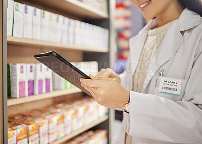 Buy stock photo Hands, tablet and stock in a pharmacy with a woman drugstore at work, checking shelves for a product. Healthcare, medicine and trust with a female pharmacist working in a store for the sale of drugs