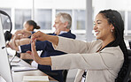 Woman, call center and stretching hands at desk for exercise, muscle wellness and relief for stress with smile. Business people, customer service staff and hand health with training for team building