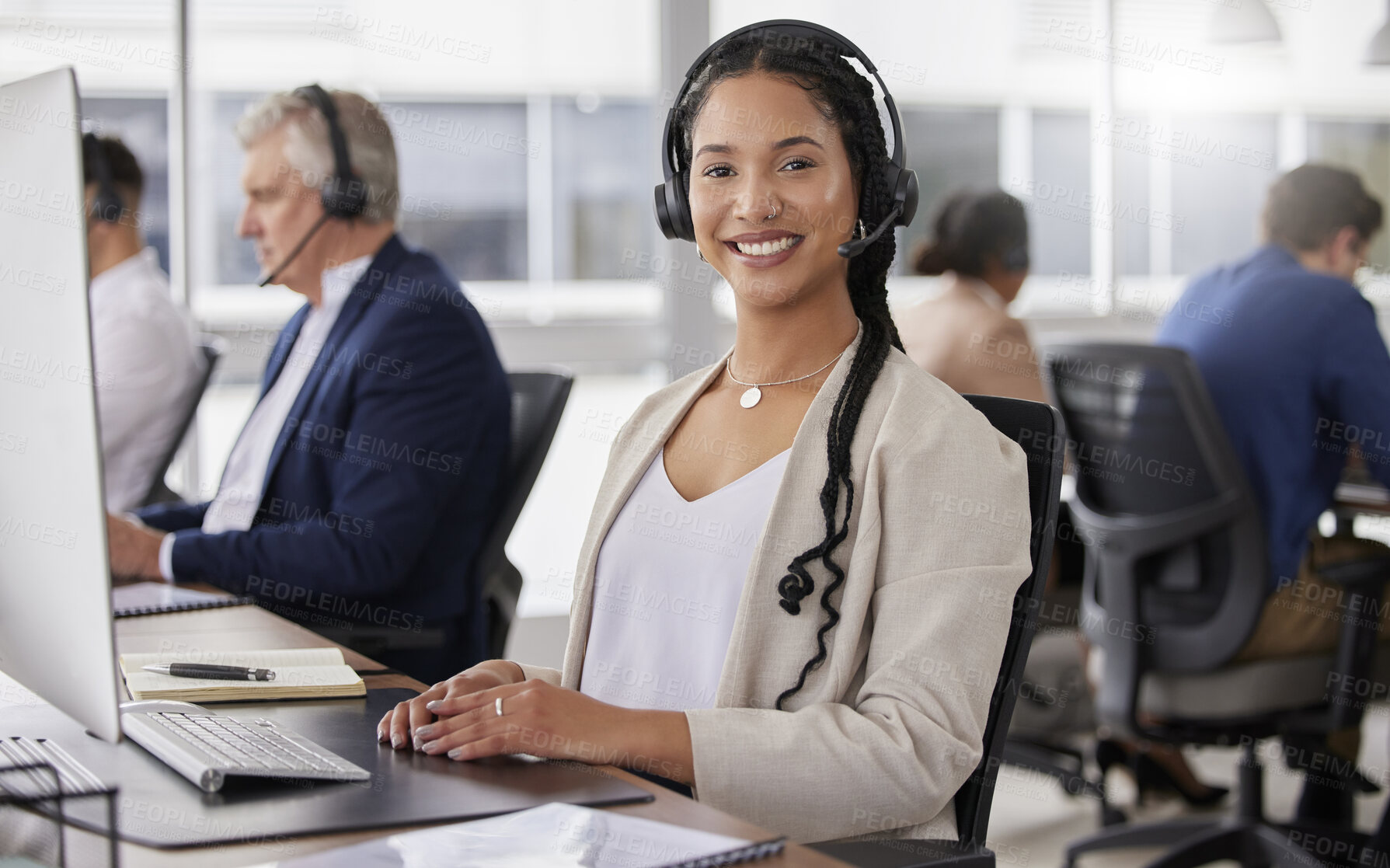 Buy stock photo Portrait, smile and woman in call center in office working on customer support in workplace. Telemarketing, mixed race person or happiness of sales agent, female consultant or telemarketer consulting