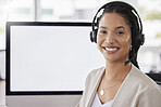 Woman, call center portrait and blank computer screen with smile for customer service, tech support and help. Female consultant, agent or crm expert with happiness in workplace for mockup space on pc