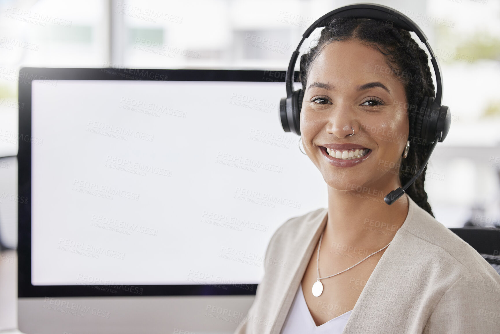 Buy stock photo Woman, call center portrait and blank computer screen with smile for customer service, tech support and help. Female consultant, agent or crm expert with happiness in workplace for mockup space on pc