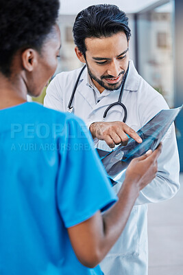 Buy stock photo X ray, mri analysis and doctor team with conversation and medical collaboration in a hospital. Healthcare, clinic and nurse worker with an xray doing problem solving with professional assessment
