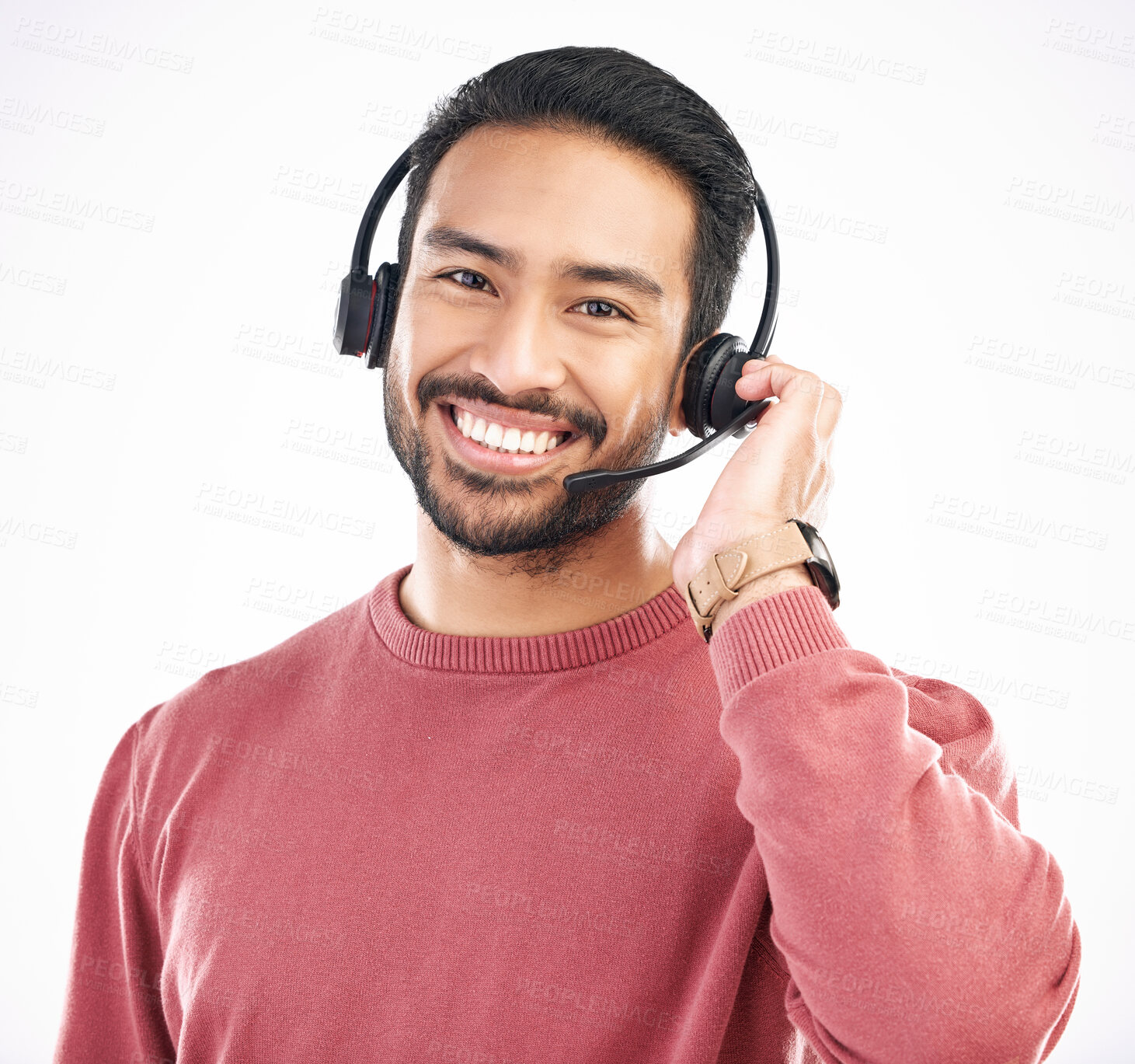 Buy stock photo Customer service consulting, face portrait or happy man telemarketing on contact us CRM or telecom. Call center communication, ecommerce studio or male support consultant isolated on white background