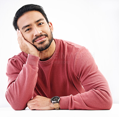 Buy stock photo Relax, man and portrait in a studio with a smile looking attractive and handsome. Isolated, white background and resting male model feeling calm, friendly and confident with modern style smiling