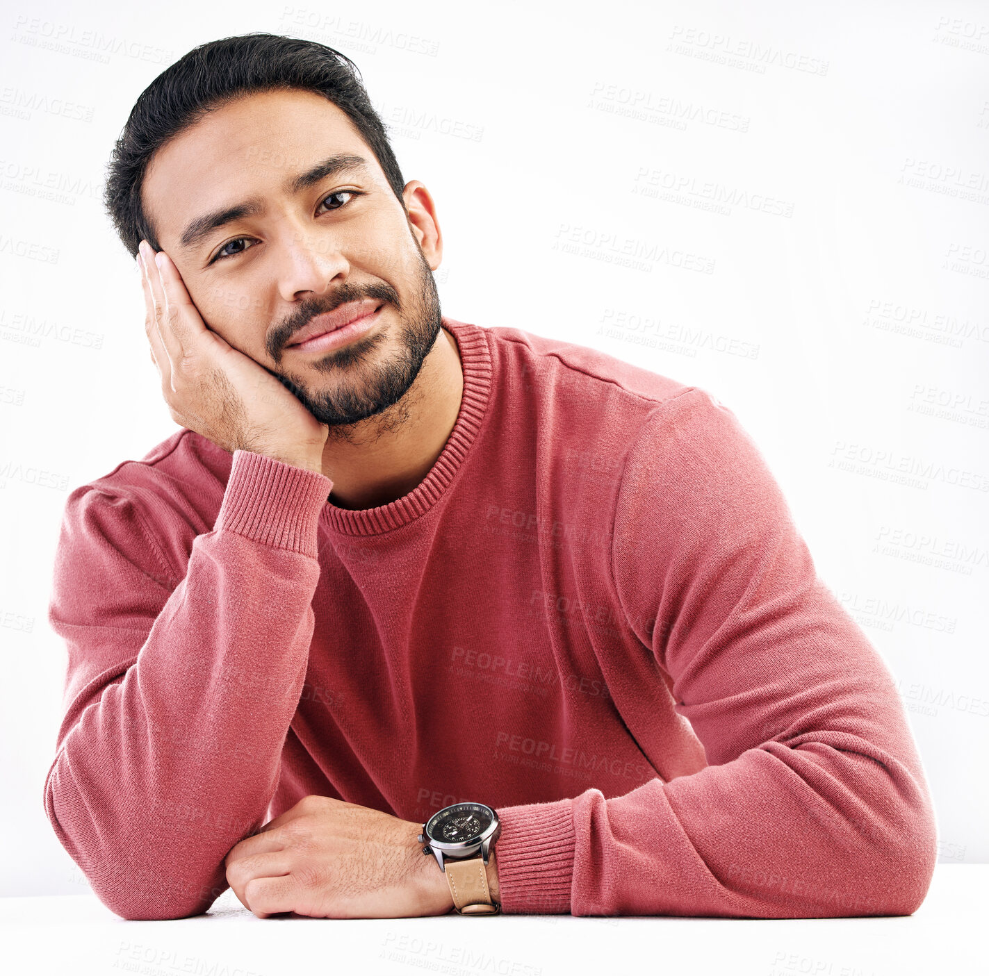 Buy stock photo Relax, man and portrait in a studio with a smile looking attractive and handsome. Isolated, white background and resting male model feeling calm, friendly and confident with modern style smiling