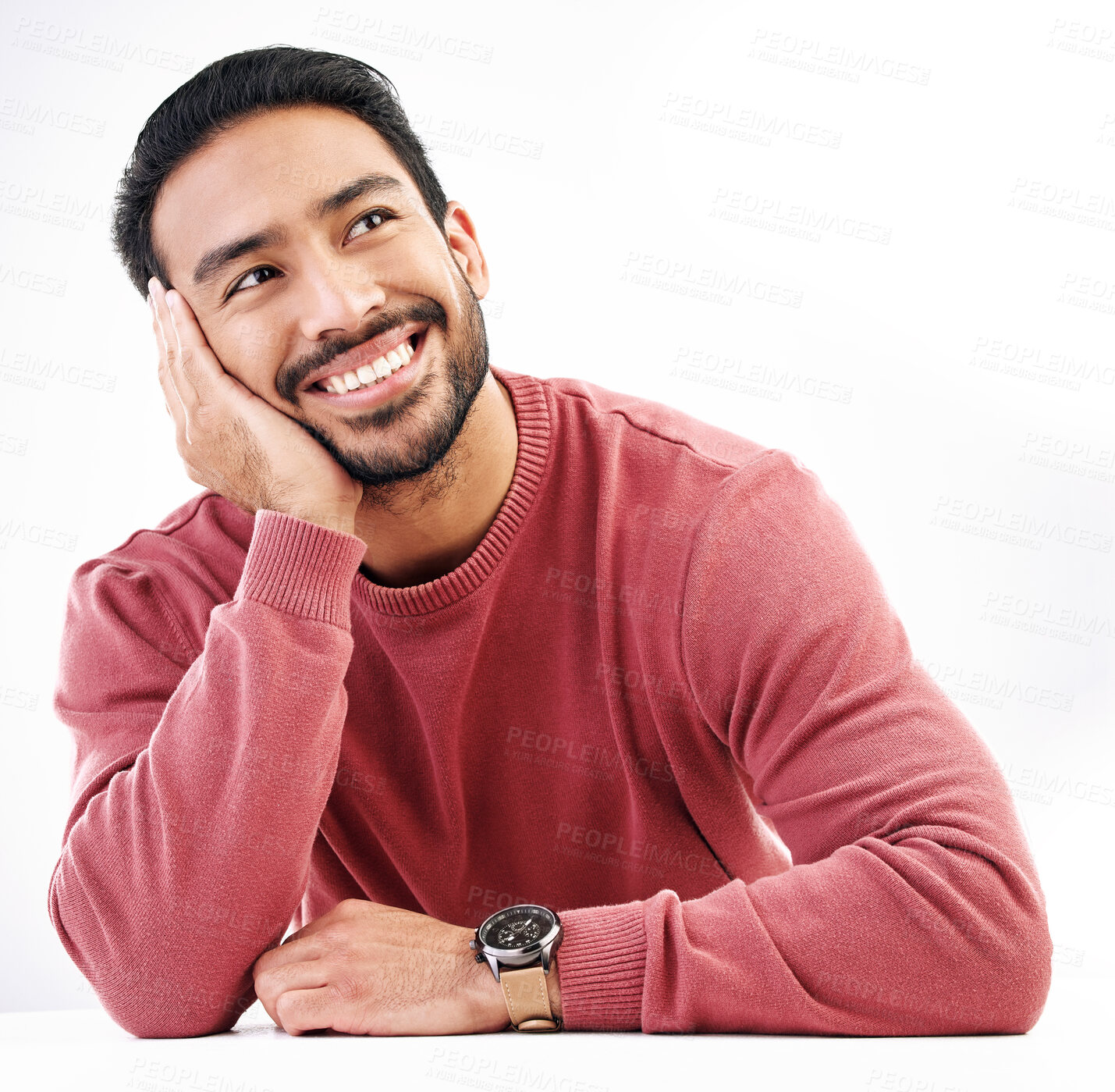 Buy stock photo Happy, ideas and Asian man thinking, decisions and creative isolated on a white studio background. Japan, male and guy with thoughts, opportunity and planning with smile, wonder and ponder with joy