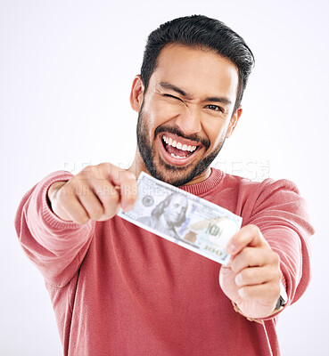 Buy stock photo Money, cash and portrait of man wink on white background for investment, financial savings and payment. Finance profit, winner and excited male for winning, bonus and stock market success in studio