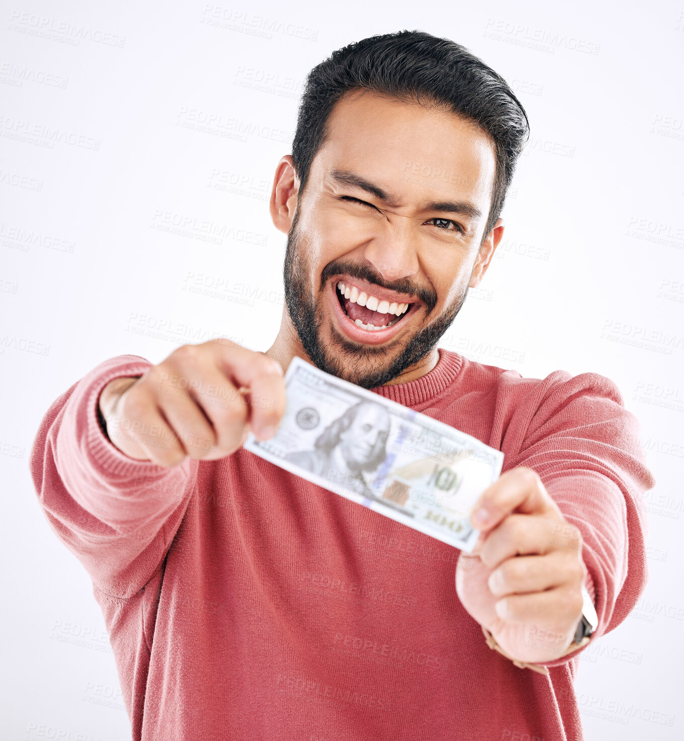 Buy stock photo Money, cash and portrait of man wink on white background for investment, financial savings and payment. Finance profit, winner and excited male for winning, bonus and stock market success in studio