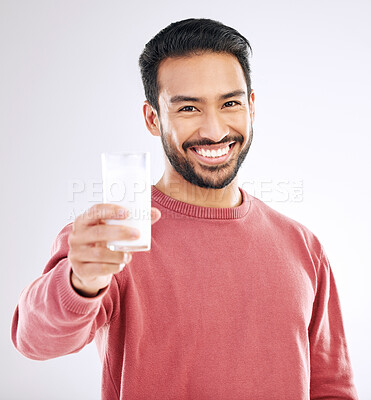 Buy stock photo Milk, man and smile portrait with happiness in studio with calcium, healthy and nutrition drink. Isolated, white background and model feeling happy from weight loss, wellness and detox diet smoothie