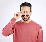 Glasses, happy man and portrait in a studio with a smile from vision and eyewear choice. Isolated, white background and happiness of a excited male model with lens prescription and frame decision