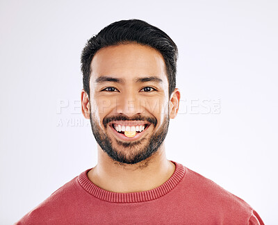 Buy stock photo Vitamin pill, man and portrait with health supplement, prescription and wellness tablet. Isolated, studio background and male model face with nutrition, healthcare and healthy medication with a smile