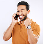 Phone call communication, studio news and happy man celebrate achievement, success goals or winning. Excited, winner and male celebration fist pump, announcement or notification on white background