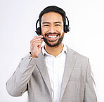 Customer support consulting, face portrait and happy man telemarketing on contact us CRM or telecom. Call center communication, funny studio laugh or male sales consultant talking on white background