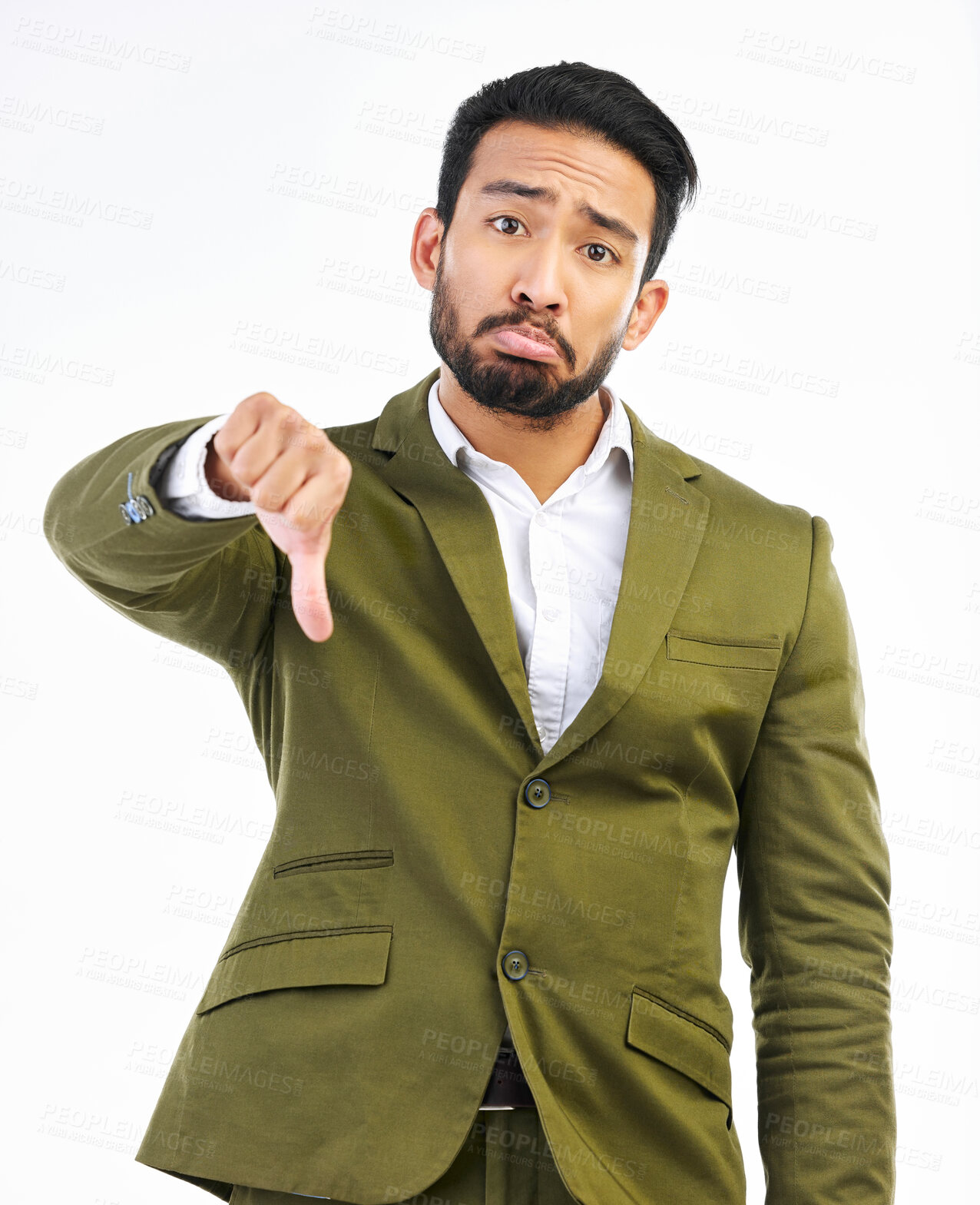 Buy stock photo Thumbs down, sad man and portrait in a studio with bad feedback, voting and emoji hand sign. Negative opinion, decision and wrong hands gesture of a upset business man with isolated white background