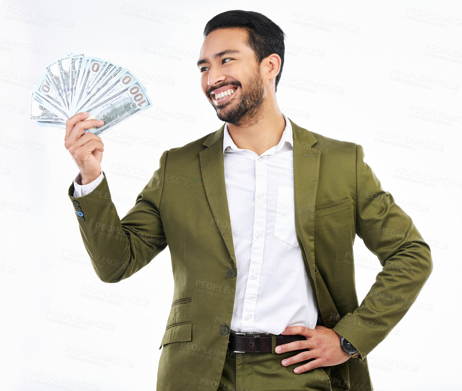 Buy stock photo Investment, money and business man with cash on studio background for budget, bonus and stock market. Finance success, winner and happy male with bills for winning, bank profit and wealth opportunity