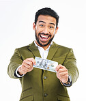 Money, cash and excited business man on studio background for investment, bonus and stock market. Finance success, winner and isolated happy male with bills for winning, profit and wealth savings