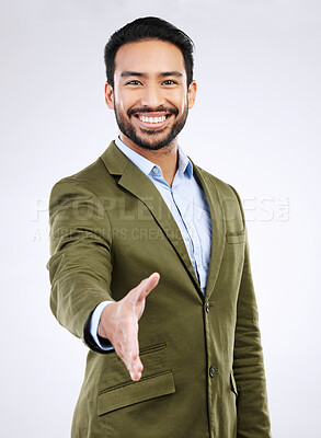 Buy stock photo Studio portrait, happy man and handshake gesture for investment deal, b2b contract or business acquisition  agreement. Human resources, hiring welcome and HR hand shake isolated on gray background
