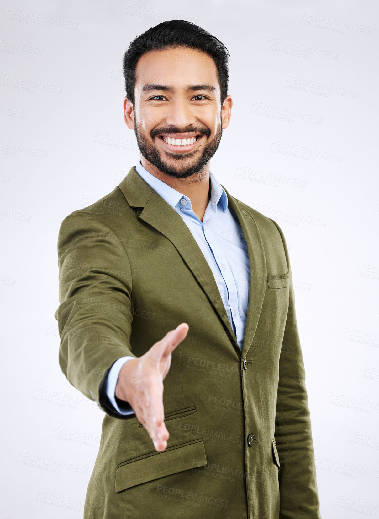 Buy stock photo Studio portrait, happy man and handshake gesture for investment deal, b2b contract or business acquisition  agreement. Human resources, hiring welcome and HR hand shake isolated on gray background
