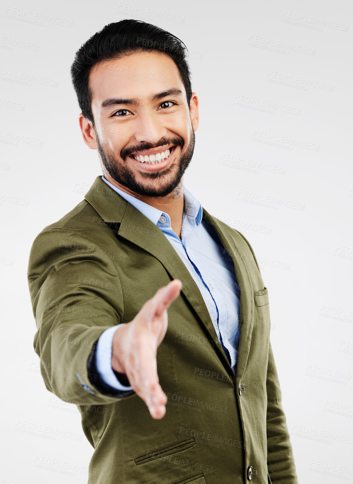 Buy stock photo Portrait, man or happy hand shake gesture in studio investment deal, b2b contract or business acquisition  agreement. Human resources, hiring welcome or HR shaking hands isolated on white background
