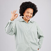 Happy, perfect and portrait of a black woman with a sign isolated on a ...