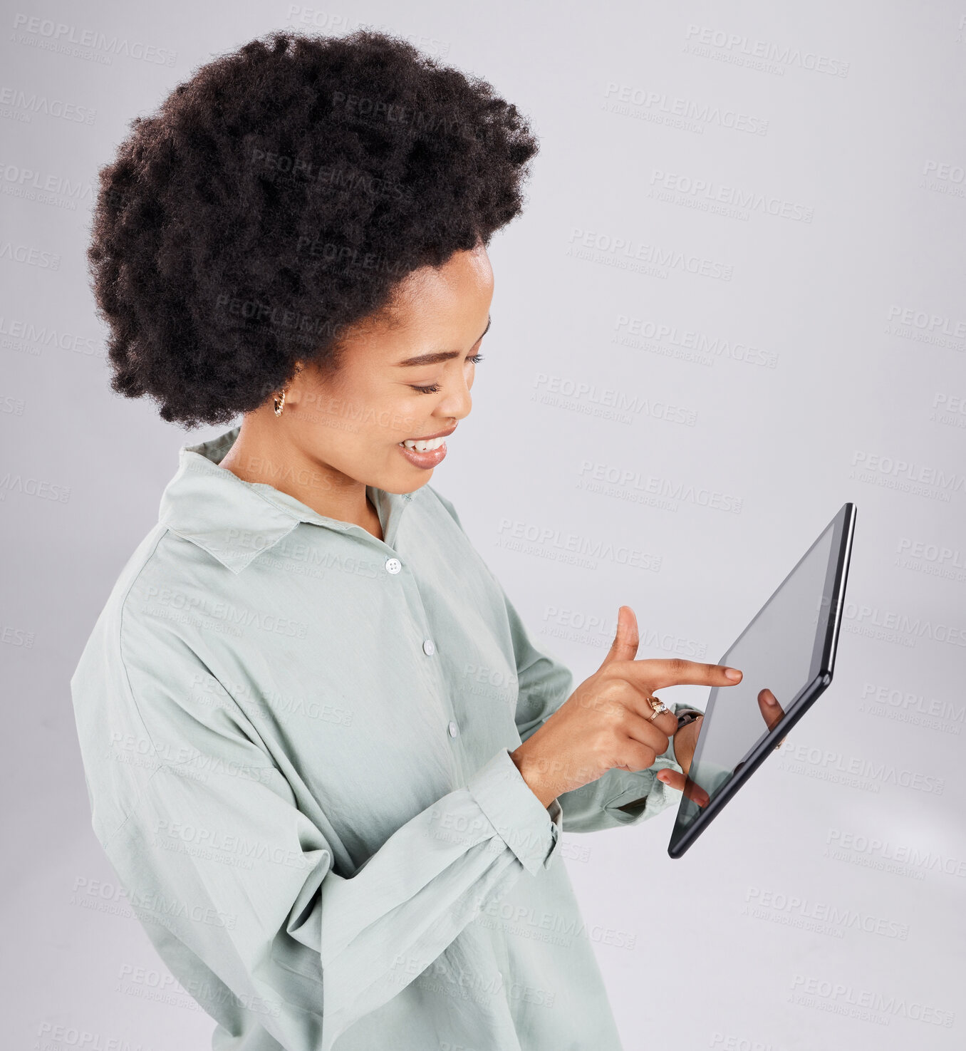 Buy stock photo Digital tablet, search and happy black woman in studio for social media, browsing and internet on grey background. Online, app and female smile while streaming, texting or reading while isolated 